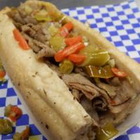 Italian Beef · Thinly sliced roast beef served au jus with Chicago style hot giardiniera