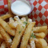 Garlic Fries · Fries with minced garlic, parmesan cheese with homemade ranch dressing