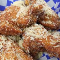 Garlic Parmesan Broken Wings · 6 pieces  (Choice of Barbeque or Homemade Ranch Dipping Sauce)