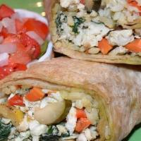 Corazon Special Burrito · Roasted veggies, egg whites, brown rice, basil pesto, whole wheat tortilla, and olive oil.