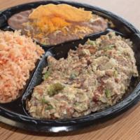 Machaca Plate · Shredded beef and 2 scrambled eggs with grilled onions and bell peppers