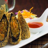 Seaweed Rolls · Deep fried nori sheet , Tofu, Glass noodle, Carrot and Shiitake, Served with sweet&sour sauce.
