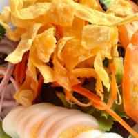 Thai Salad · Green salad, lettuce, cucumber, carrot ,tomato , crispy wonton, red onion, peanut dressing a...