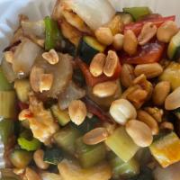 Kung Pao Chicken Or Beef · Spicy.  Zucchini, carrot, celery, and peanuts in a spicy house sauce