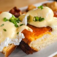 Grilled Cheese Benedict · three cheeses.  bacon.  brioche.   poached eggs. 
 hollandaise.  fruit or potatoes. (holland...