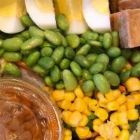 Thai Pasta Salad · Green vegetables, tomatoes, cucumber, egg, fried tofu,   , steam edamame, crispy wonton, ses...