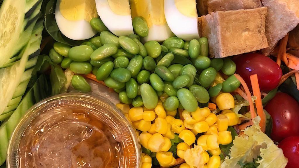 Thai Pasta Salad · Green vegetables, tomatoes, cucumber, egg, fried tofu,   , steam edamame, crispy wonton, sesame dressing or peanut sauce.
