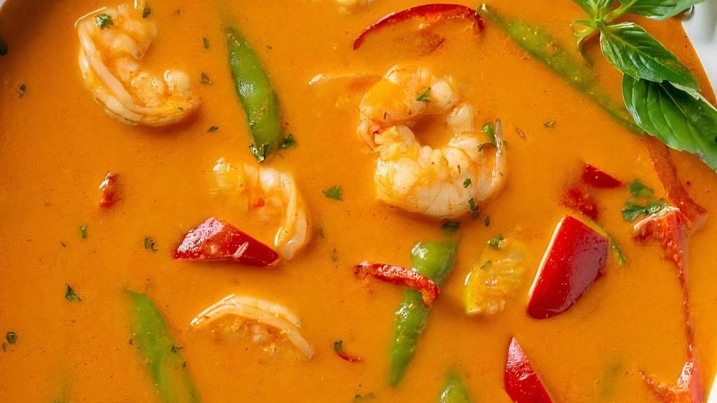 Red Curry · Curry paste, coconut milk, bamboo shoots, bell peppers, Thai basil.