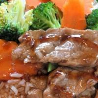 Kids Beef  Bowl · Grilled beef, teriyaki sauce, jasmine rice, steam broccoli and carrot