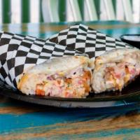 Grilled Baja Burrito · Grilled fish and shrimp with beans, rice, cabbage, pico de gallo, salsa and cream.
