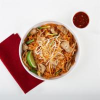Pork Pad Thai · Stir-fried rice noodles with pork, scallions, bean sprouts, scrambled egg, and crushed peanu...