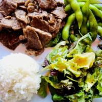 Beef Teriyaki Plate · Beef Teriyaki, Salted Edamame, House Salad, Steamed Rice, and Miso Soup