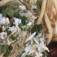 Hana Fish Tacos  · with 2 or 3 Tacos served with macaroni salad and fries.