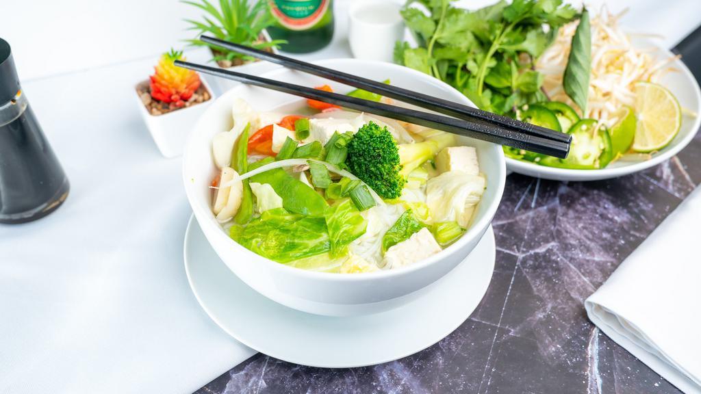 Vegetable With Tofu Pho · Mixed vegetables with tofu in chicken broth. Can be made vegan, please specify if you prefer vegetable broth.