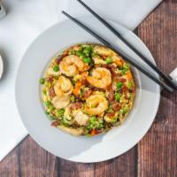 Volcano Fried Rice  · Our best seller! Shrimp, chicken, and chinese sausage scrambled with eggs, peas, & carrots o...