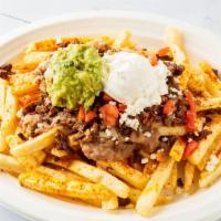 Papa Nachos · House favorites.French fries, choice of meat, beans, cheese, guacamole, sour cream, and toma...