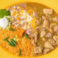 Chile Verde · Served with rice and beans.