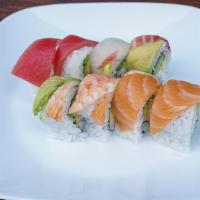 Regular Rainbow Roll · Imitation crab, cucumber, avocado, and assortment of sashimi.