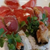 Lobster Roll · Shrimp tempura, spicy craw fish salad, daikon sprouts, lettuce, avocado, seared tuna, masago...