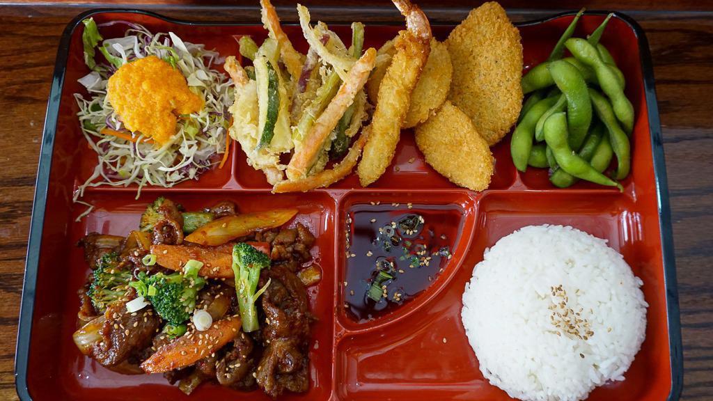 Bento Box · Your choice of two (2) items from the following entrées. Served with California roll, spring mix salad, soup, and rice.