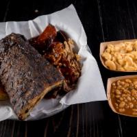 Combo Platter · 1/2 rack baby back ribs, pulled pork, beef links, choice of two sides. Mac 'n cheese, collar...