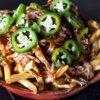 Dirty Fries · Fries, mac n cheese sauce,choice of meat, TBG bbq sauce and fresh jalapenos