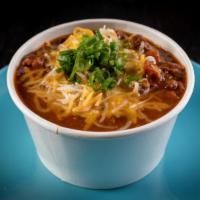 Smoked Tri-Tip Chili · Smoked Tri-Tip chili with beans and lots of love. Cheese and onions on the side