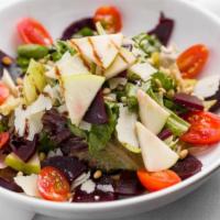 Beet Salad · Fresh beets, mix greens, pine nuts, green apple and shaved parmesan cheese.
