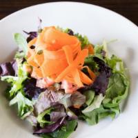 Angelino Green Salad · Mixed baby greens with shaved carrots and balsamic dressing.