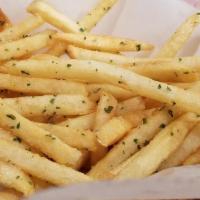 Garlic Butter Fries · Crispy fries drizzled with butter and garlic, sprinkled with parsley.