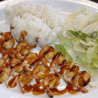 Shrimp Teriyaki Plate · Grilled Shrimp Teriyaki over Rice and Salad