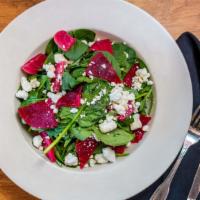 Spinach And Beet · Baby spinach, roasted beets, goat cheese, champagne-herb vinaigrette.