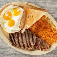 Steak And Eggs · 8 oz rib eye steak, 3 eggs, hash brown, and your choice of toast