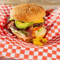 California Burger · Cheeseburger with bacon, avocado, onions, lettuce , tomato and dressing