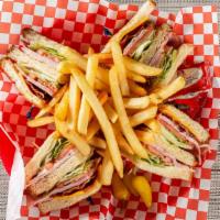 Club Sandwich · Sandwich served with your choice of bread, ham, turkey, bacon, cheese, lettuce, mayo, and to...