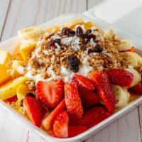 Oasis Fruit Salad - Small · Fresh salad with seasonal fruit. Served with cottage cheese, honey, granola, and raisons.