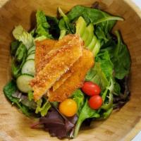 Chicken Katsu Salad · Spring mix, romaine, cucumber, tomato, avocado, radish sprouts.