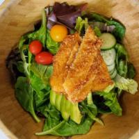 Pork Katsu Salad · Spring mix, romaine, cucumber, tomato, avocado, radish sprouts.