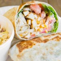Grilled Chicken Wrap · Served with grilled chicken, lettuce, tomato, onion, cheddar cheese.