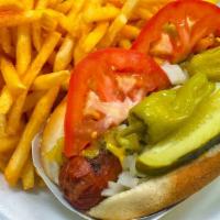 Chicago Dog · Mustard, relish, onions, tomato, wedge, pepperoncini & pickle spear.