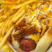 Super Dog · Bacon wrapped: chili, cheese & onions.