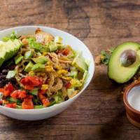 Southwest Bbq Salad · Chopped Lettuce, Avocado, Black Beans, Grilled Corn, Roasted Red Peppers, Cucumbers, Crispy ...