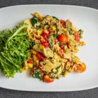 Healthy Farmers Market Vegetable Scramble · Cage free eggs, bloomsdale spinach, marinated artichokes, zucchini, baby heirloom tomatoes, ...