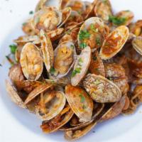 Clams · Tender and sweet Manila Clams covered in one of our savory sauces and spice level of your ch...