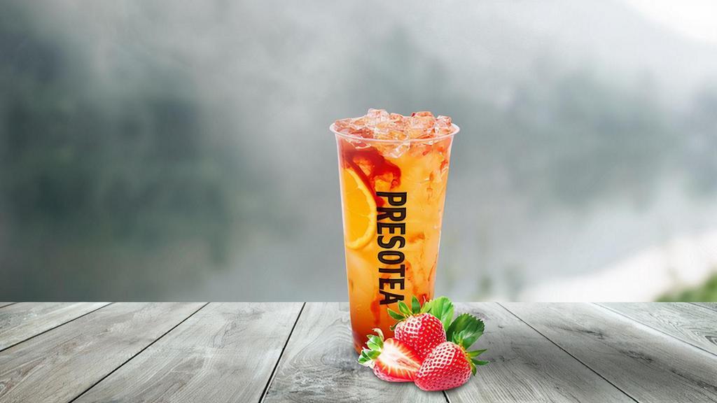 Strawberry Fruit Tea · White peach oolong tea with orange slices, strawberry and passion fruit puree.