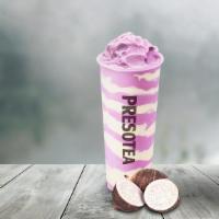 Taro Cloud · A blended taro milk tea with creme around the cup, contain dairy.