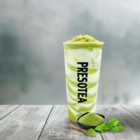 Matcha Cloud · A blended matcha milk tea with creme around the cup, contain dairy.