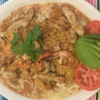 Grilled Chicken & Shrimp Over Rice  · Grilled Chicken and Shrimp served on a bed of rice with enchilada sauce and it is topped wit...