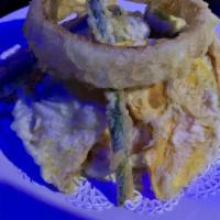 Tempura & Sushi · Shrimp & vegetable tempura, 5 pcs California roll, 1 pc salmon, shrimp salad, albacore no su...