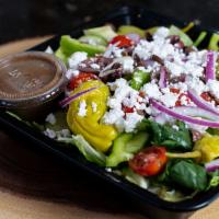 Greek Salad · Tomatoes, Persian cucumbers, red onions, green and red bell peppers, pepperoncini, Kalamata ...
